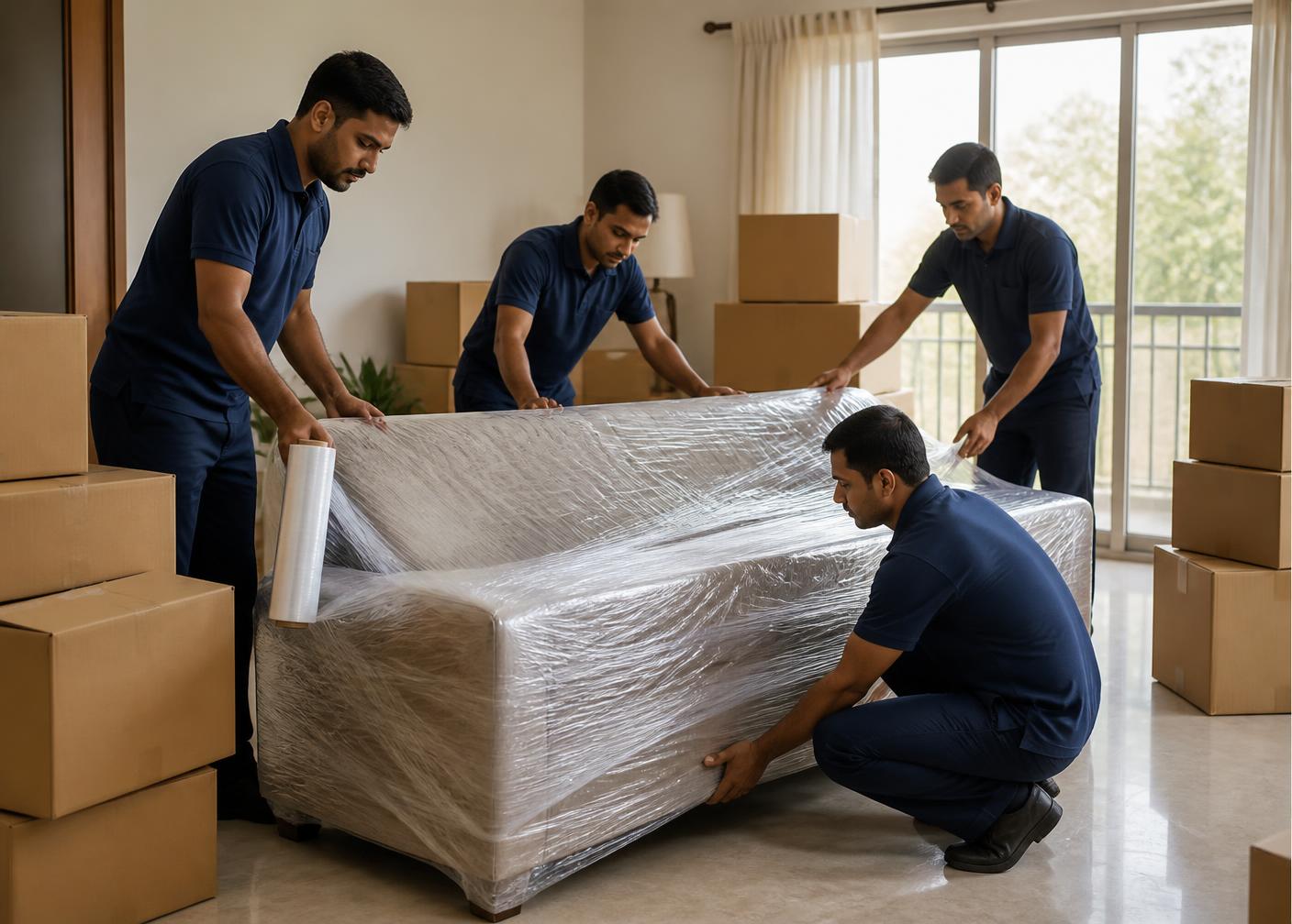 A moving crew wrapping a sofa in protective film beside stacked cartons in a living room