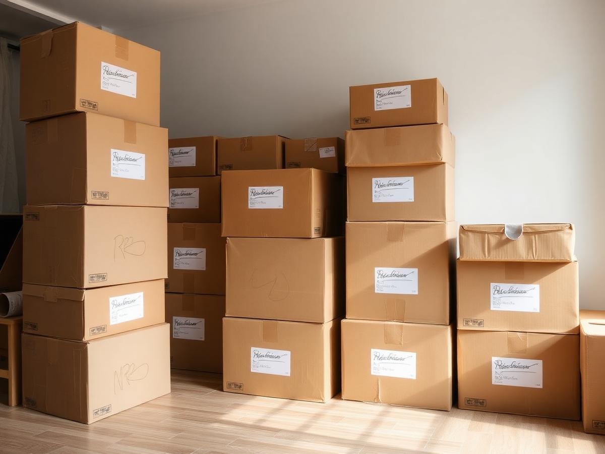 Neatly stacked, sealed and labelled moving cartons after packing