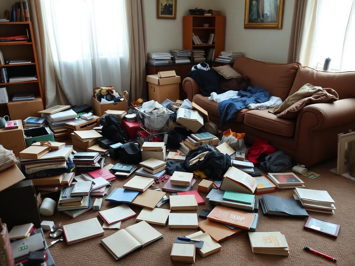 A cluttered living room with loose household items before packing
