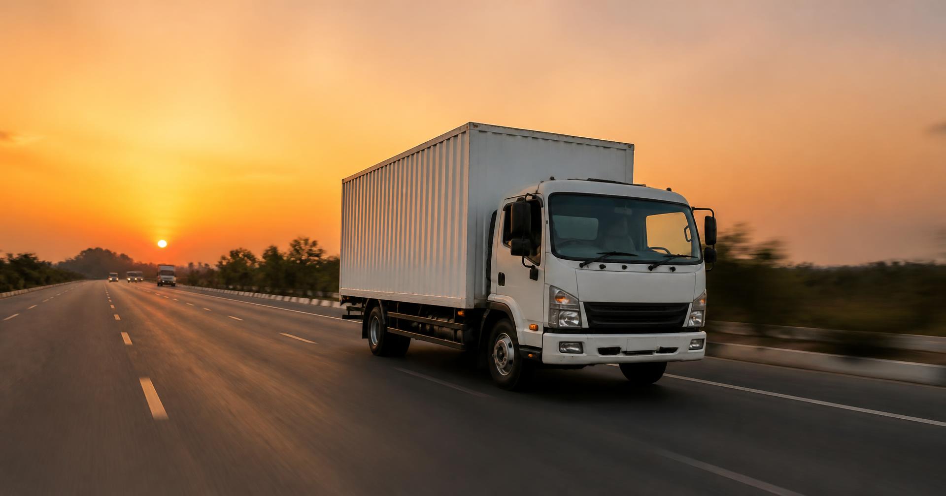 A moving truck travelling on a highway at sunset