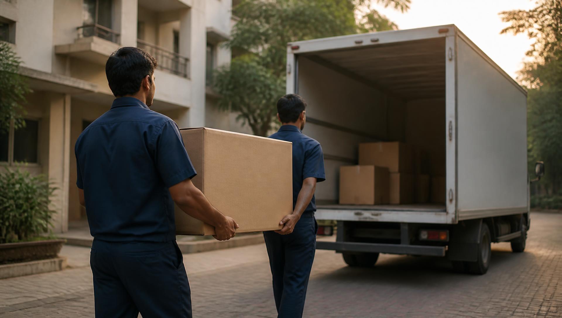 Movers in navy uniforms carrying a cardboard box to an open moving truck outside a residential building