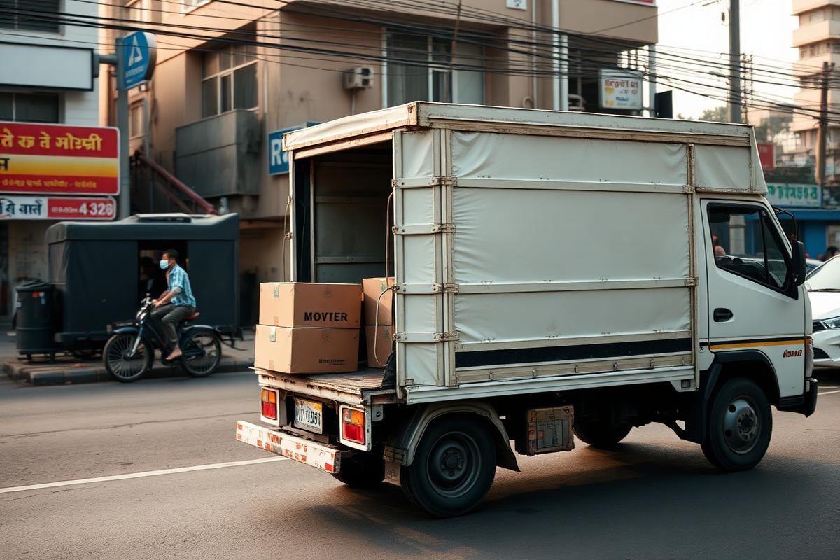 A moving vehicle parked on a city street during a local shift